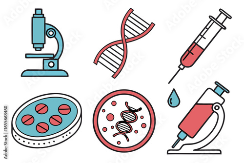 Medical and scientific icons including microscope, dna, syringe, and petri dish