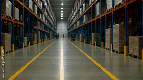 Wallpaper Mural Global warehouse inventory system with organized storage shelves and stacked boxes large industrial facility bright lights Torontodigital.ca