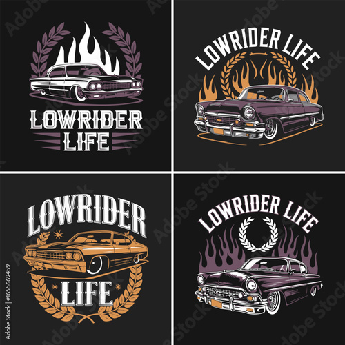 Lowrider life classic car illustration with flames, laurel wreath emblem and retro typography for custom culture t shirt design and poster