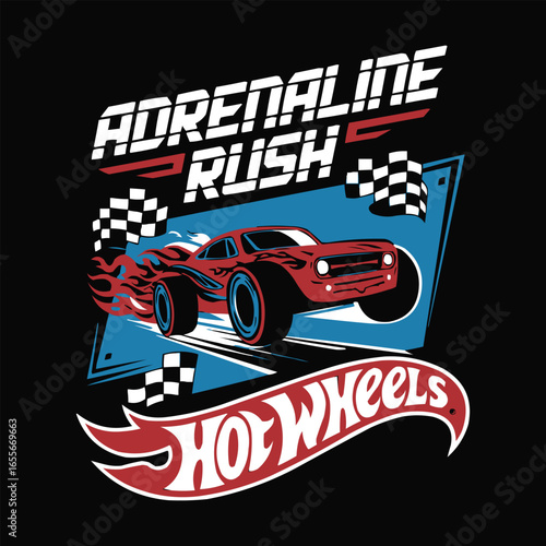 Adrenaline rush racing car illustration with flames, checkered flags, and retro typography for hot wheels inspired t shirt design and poster