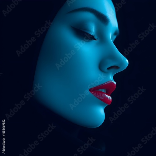 Wallpaper Mural Noir Elegance: Moody Close-Up of Hooded Woman with Red Lips & Ethereal Blue Light - Cinematic Fashion Editorial on Black Velvet Torontodigital.ca