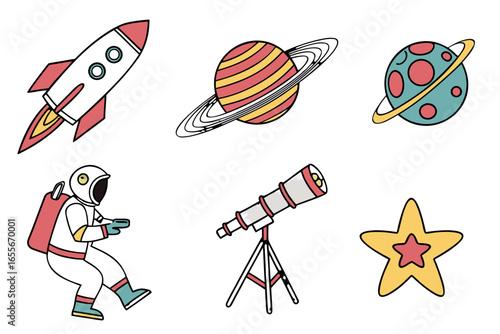 Space exploration icons with rocket, planets, astronaut, and telescope