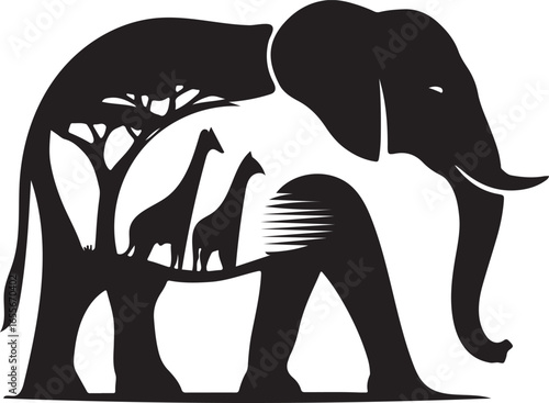 Bold silhouette of an elephant, inner body cutout showing acacia trees, giraffes