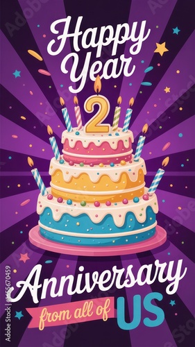 Wallpaper Mural Festive tiered cake celebrates a happy 2nd anniversary with colorful decorations and candles Torontodigital.ca