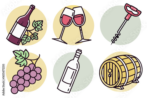 Wine icons set with grapes, wine glasses, bottle, barrel and corkscrew