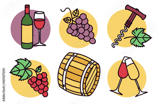 Wine icons bottle, glass, grapes, corkscrew, barrel, and toast