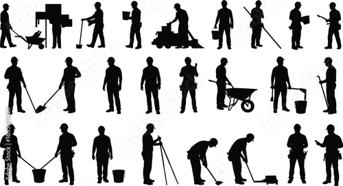 Silhouettes of Workers Cleaning and Maintaining, Janitor, Sweeping, Mopping, Carrying Tools, Manual Labor, Maintenance Staff, Industrial Cleaning, Service Team, Housekeeping