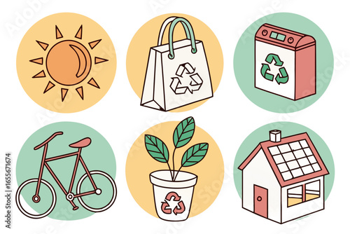 Set of ecofriendly and sustainability icons including sun, house, bike, plant, and bag