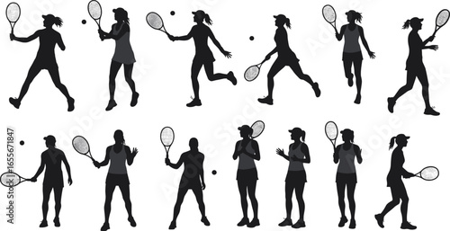 Female Tennis Player Silhouette Vector Set, Sportswoman Playing Racket Game, Tennis Action Pose, Match Practice, Running, Serving, Swinging, Fitness Activity, Sport Icon
