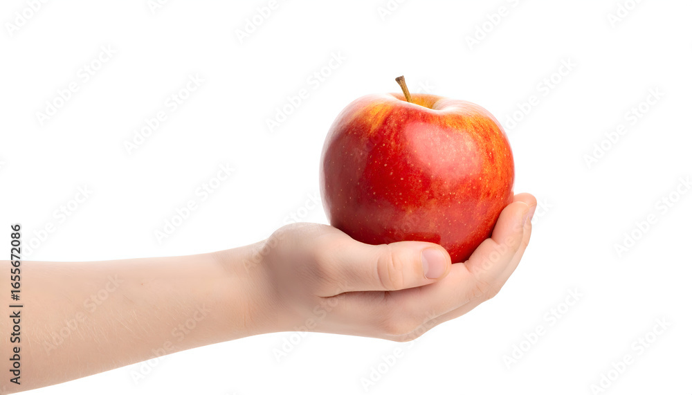 Hand Gently Holding a Perfectly Ripe Red Apple Against White Background. Hand Gently Holding a Perfectly Ripe Red Apple Against White Background.