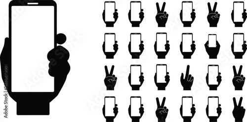 Hand Holding Smartphone Vector Set, Mobile Gesture Icon, Touchscreen Interaction, Peace Sign, Finger Tap, Cellphone Silhouette, Modern Communication, Technology Illustration, UI Concept