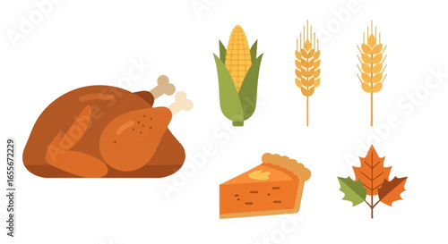 Traditional Thanksgiving Meal Elements: Roasted Turkey, Corn, Wheat, Pumpkin Pie, and Autumn Leaves