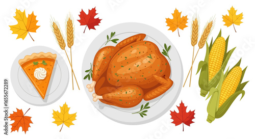 Festive Thanksgiving Dinner Elements: Roasted Turkey, Pumpkin Pie, Corn, Wheat, and Autumn Leaves