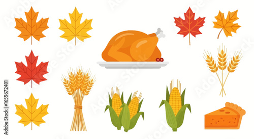 Bountiful Thanksgiving Elements: Roasted Turkey, Pumpkin Pie, Corn, Wheat, and Abundant Autumn Leaves