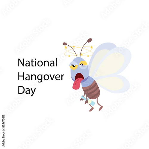National Hangover Day. Concept of a flat funny bee suffering from an alcohol overdose. The day after the party with booze and alcohol. Headaches, nausea, dizziness, and alcohol addiction problems.
