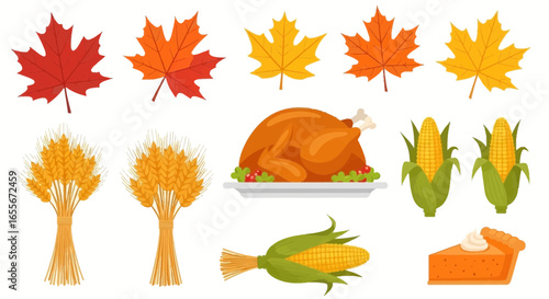 Extensive Thanksgiving Harvest Elements: Roasted Turkey, Pumpkin Pie, Corn, Wheat, and Autumn Leaves