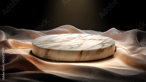 Wallpaper Mural stepped marble podium, circular marble podium, luxury product display, flowing silk fabric, warm soft lighting, product mockup background Torontodigital.ca