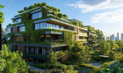 Illustrative concept of a green, sustainable urban area, showcasing eco-friendly buildings and lush greenery, emphasizing the importance of environmentally conscious urban planning, Generative AI