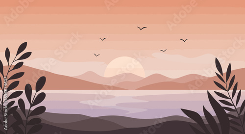 Tranquil sunset scenery, featuring a serene lake, mountains, birds, and vegetation