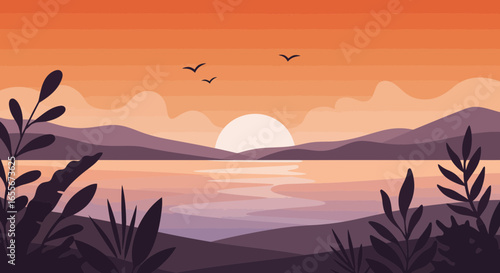Serene sunset landscape with mountains, lake, birds and vegetation illustration