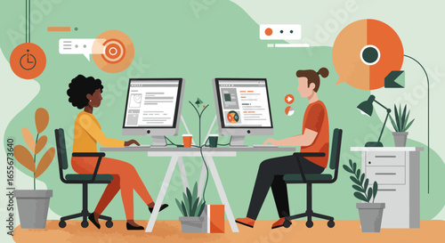 Collaborative workspace illustration with diverse team members working on computers