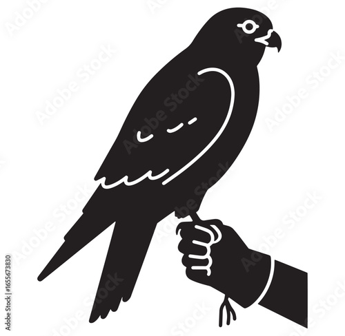 A falcon or hawk perched on a gloved hand in a simple silhouette design