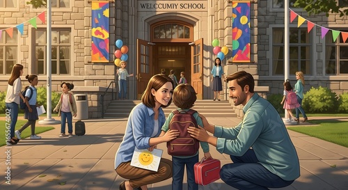 Family Saying Goodbye at School Entrance.