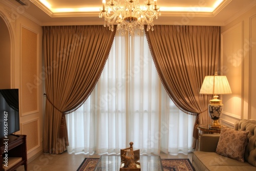 Elegant living room with luxurious drapes and crystal chandelier creating a sophisticated ambiance