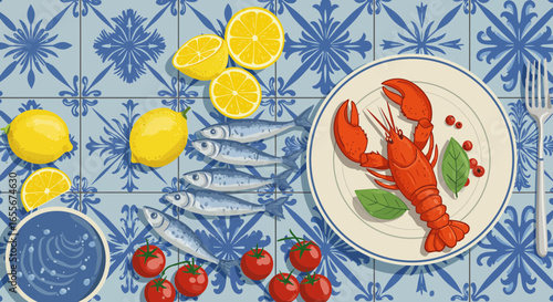 Artistic culinary display: Lobster, fish, lemons and tomatoes on patterned tiles