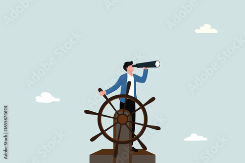 Business leadership and visionary to lead the company's success, career direction or work achievement concept, the captain of the ship smart entrepreneur controls the rudder with telescopic vision.