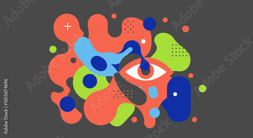 Vibrant abstract artwork featuring an eye and colorful shapes on gray background