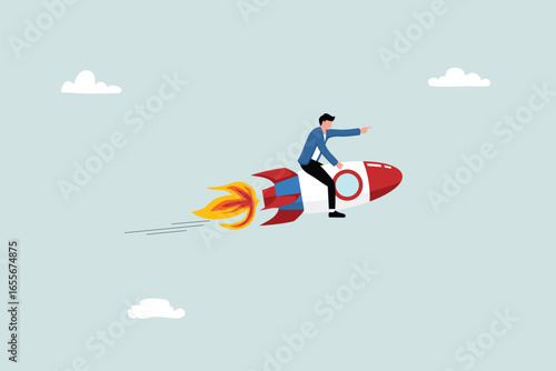 Target achievement, achieving goals or success, work strategy, businesspeople riding rockets to reach their targets.