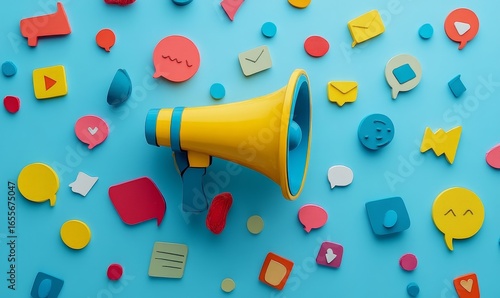 Marketing concept with a megaphone and speech bubbles, illustrating effective communication strategies in advertising, with a focus on trends, psychology, and engagement through, Generative AI