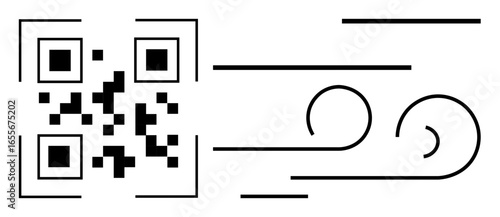 QR code paired with flowing abstract wind-thumbs up lines symbolizing data transfer, efficiency, speed, and connectivity. Ideal for tech, innovation, digital transformation, branding, advertising