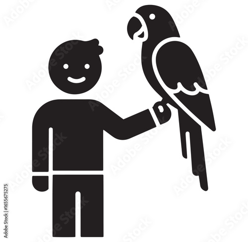 A friendly person with a smiling face and a parrot bird on their hand