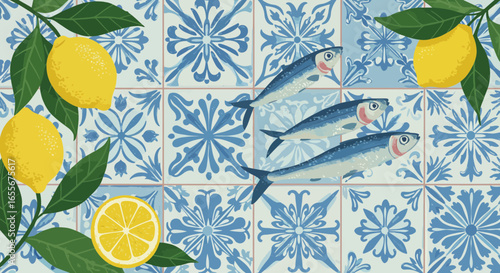 Vibrant Portuguese tiles illustration with lemons and sardine fish design