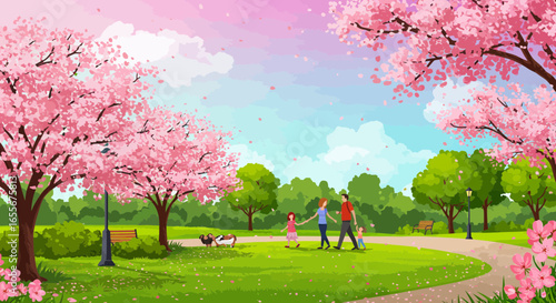 A beautiful spring day in the park with family enjoying cherry blossoms