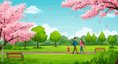 Family stroll in a picturesque springtime park under blossoming cherry trees