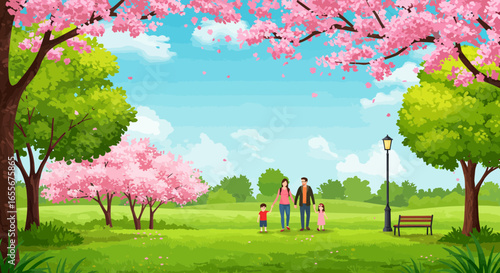 Family enjoys a leisurely walk amidst the blooming cherry blossoms in springtime