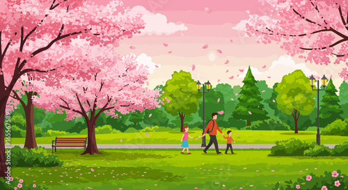 Father and children enjoying a spring walk in a park with cherry blossoms