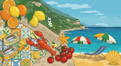 Seaside Culinary Delight: A Mediterranean Beach Scene with Fresh Seafood and Citrus