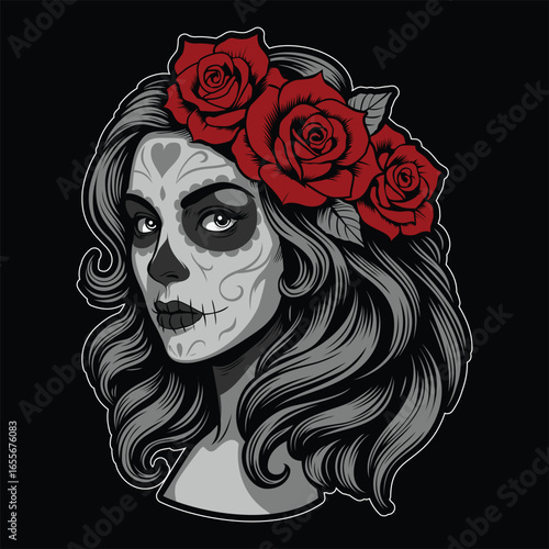 A stunning illustration of a woman with sugar skull makeup, adorned with red roses in her hair, embodying the spirit of the Day of the Dead celebration, against a dark background