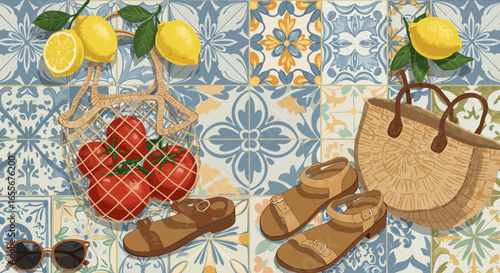 Summer essentials flat lay with mediterranean tile background for a sunny vacation vibe
