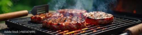 Juicy grilled steaks sizzling on a hot barbecue grill, smoke rising, with various grilling tools nearby  Perfect for summer cookouts and backyard barbecues ,  grilling grate,  meat