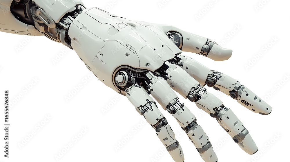Fototapeta premium Futuristic robot hand featuring detailed mechanical components displayed on transparent background for advanced technology and innovation concepts