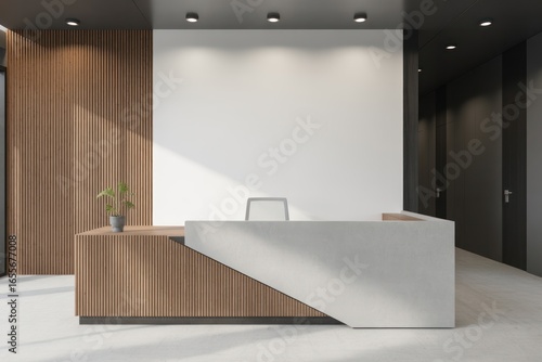 Modern reception desk in a minimalist office lobby with warm wood accents and bright lighting