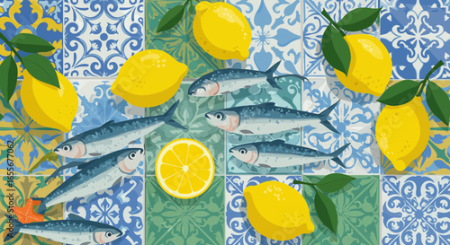 Fresh Flavors Sardines and Lemons on Mediterranean Tile a Culinary Delights