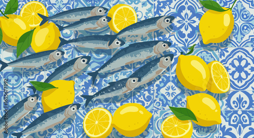 Whimsical seafood pattern featuring sardines and lemons on classic portuguese tiles
