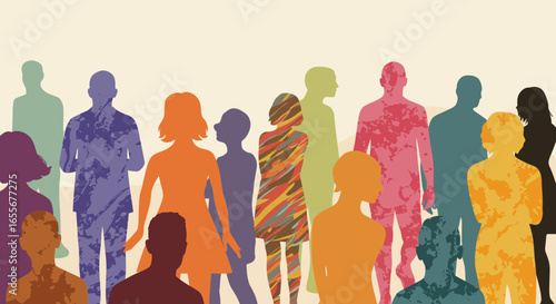 Diversity and Inclusion: A Colorful Crowd of Silhouetted People Standing Together