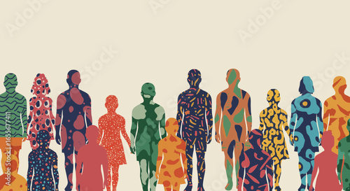 Diverse community silhouettes with unique patterns expressing individuality and unity